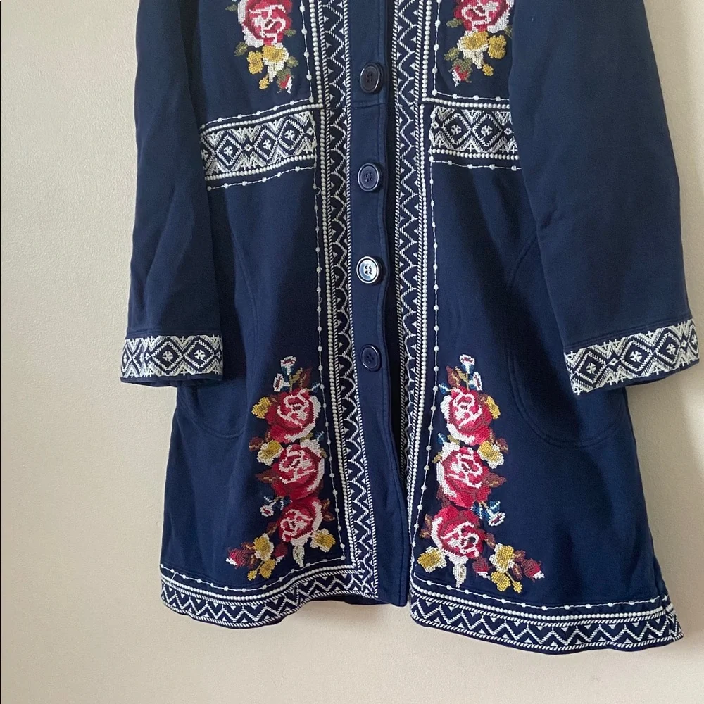 Johnny Was Floral Embroidered Cross Stitched Navy Cotton Military Jacket Medium - Picture 5 of 12